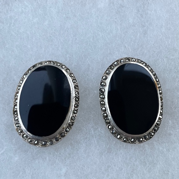Jewelry - Vintage Large Onyx Stone 925 Sterling Earrings w/ Marcasite stones
